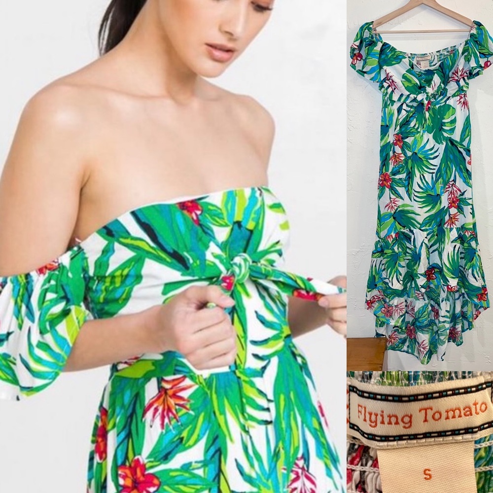Flying Tomato Hi-lo Tropical Dress Palm Vacation Summer Green Beach Floral
